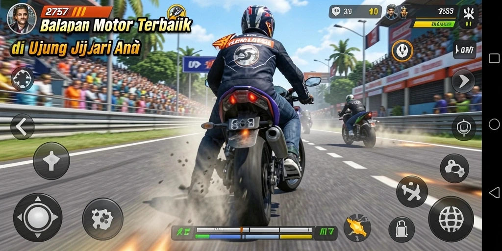 Tampilan gameplay menegangkan dalam balapan motor.