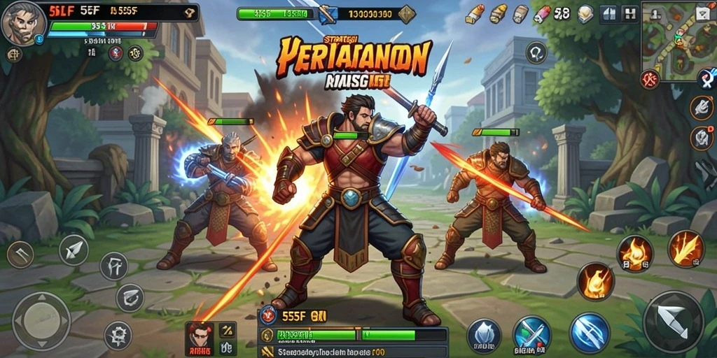 Tangkapan layar utama 555F menampilkan duel epik antara pasukan.