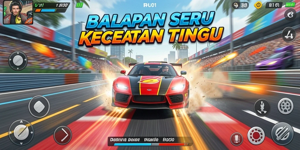 Tangkapan layar gameplay BARU01 menampilkan balapan seru di trek menantang.