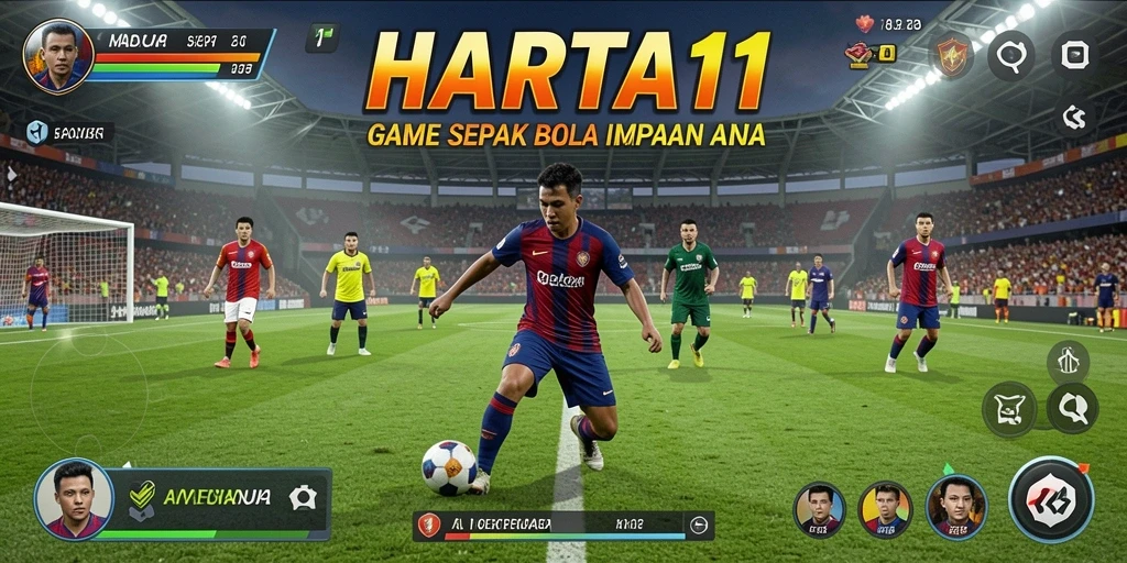 Tampilan gameplay HARTA11 dengan aksi sepak bola yang seru.