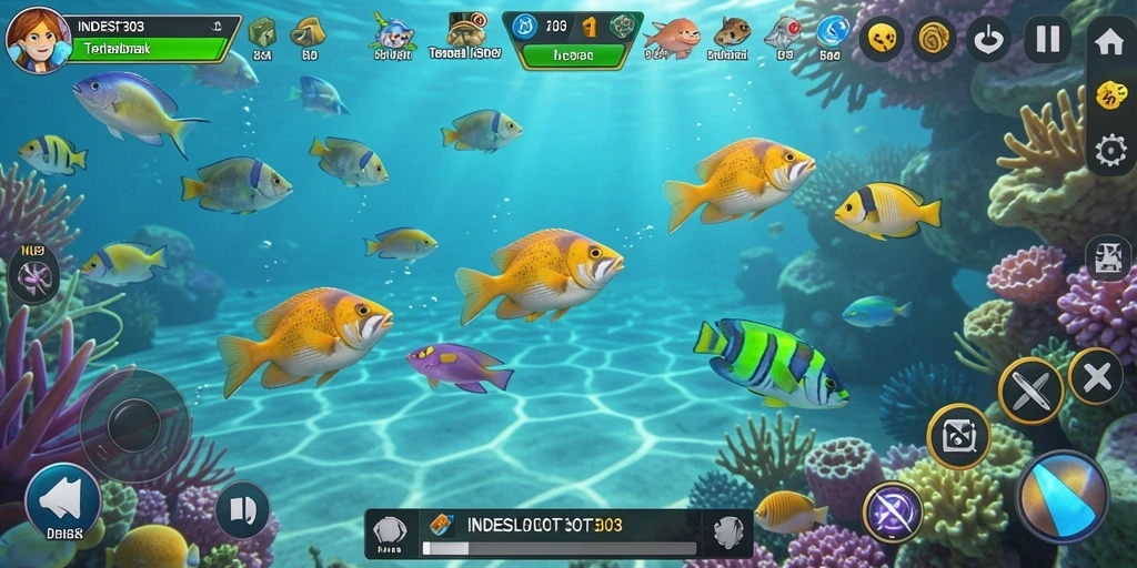 Tampilan gameplay menarik dalam INDESLOT303 dengan berbagai ikan berwarna-warni.