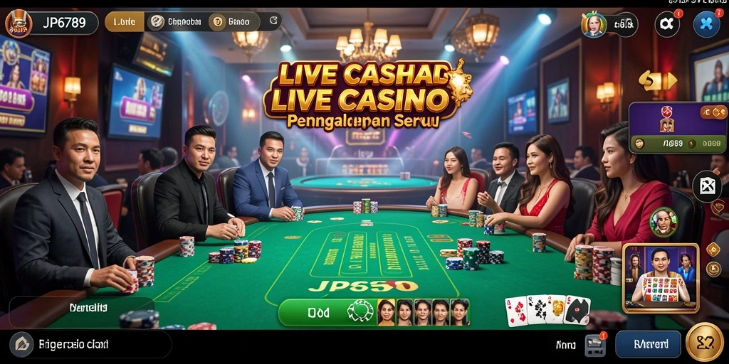 Screenshot gameplay JP6789 menampilkan dealer profesional dan suasana casino yang hidup.