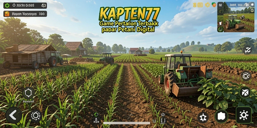 Screenshot gameplay KAPTEN77 menampilkan kebun yang rimbun dan hewan ternak.