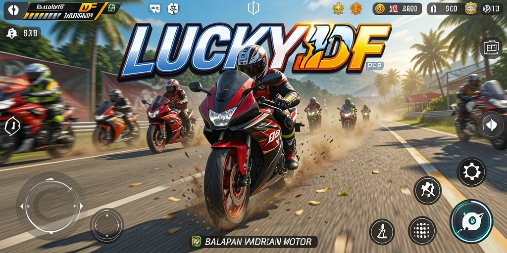 Tampilan gameplay LUCKYDF menampilkan aksi balapan motor yang mendebarkan.