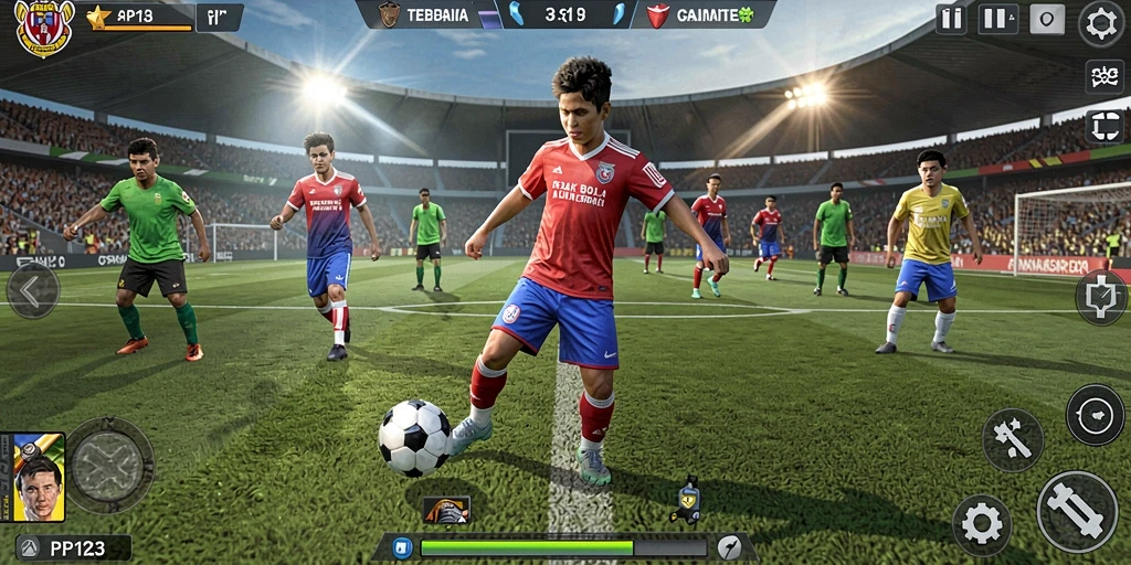 Tampilan gameplay PP123 yang mendebarkan dan realistis dalam pertandingan sepak bola.