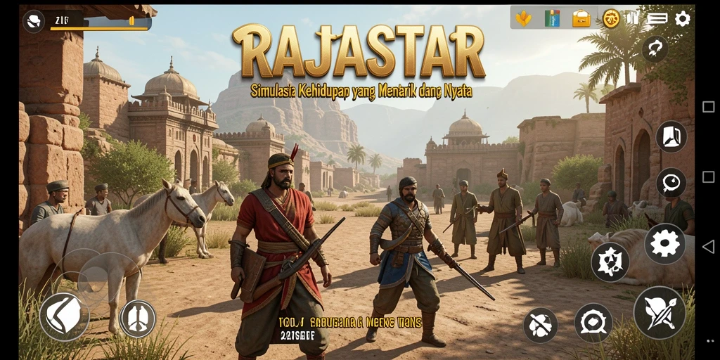 Tangkapan layar dari gameplay <strong>RAJASTAR</strong> yang menunjukkan kehidupan sehari-hari yang interaktif.