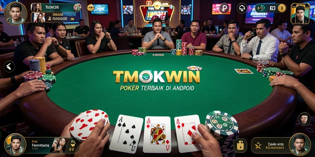 Tangkapan layar gameplay <strong>TMOKWIN</strong> menunjukkan suasana meja Poker yang mendebarkan.