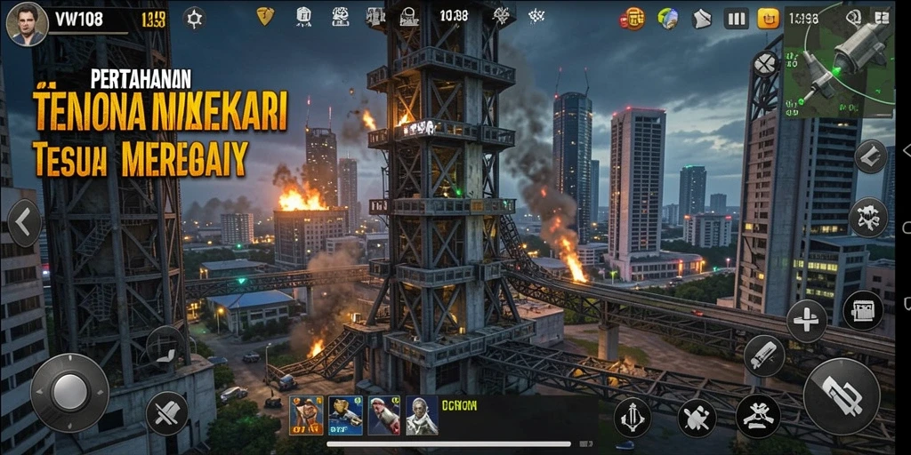 Screenshot utama VW108 menampilkan aksi seru dalam pertahanan menara yang menegangkan.
